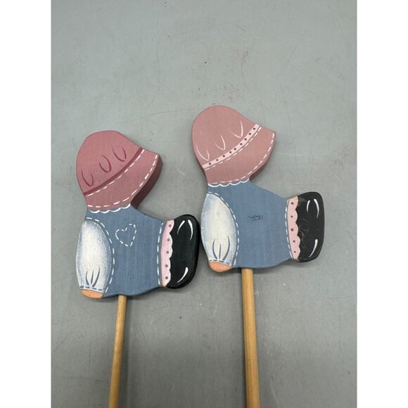 Vtg Wooden Amish-Themed Plant Stakes Hand-Painted Set Of 2 Folk Art Design READ - Picture 5 of 5